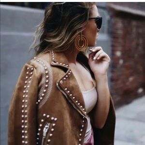 Zara Camel Studded Faux Suede Jacket blogger M
